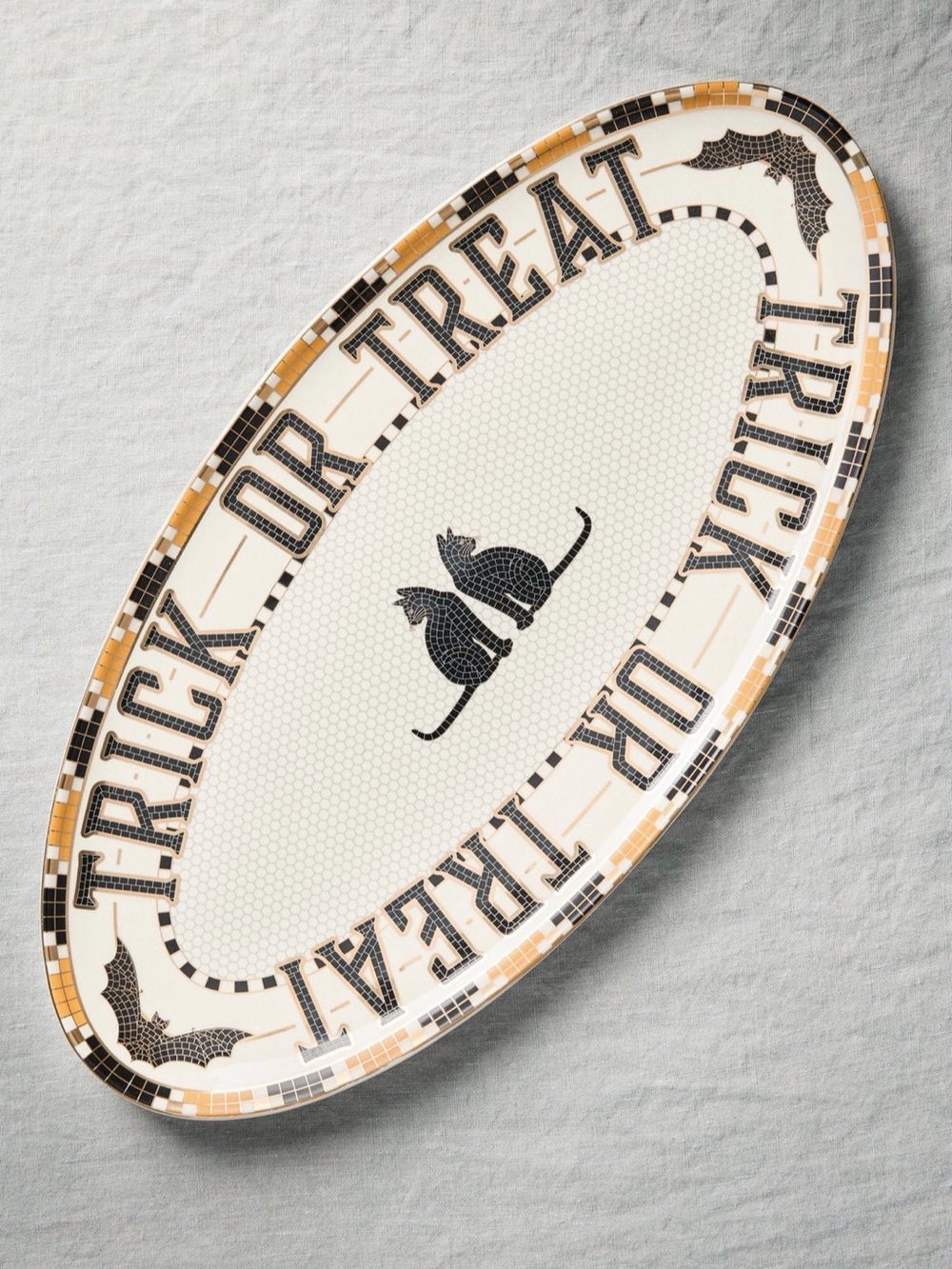 Anthropologie Bistro Tile Trick or Treat Halloween Serving Platter 24K Gold